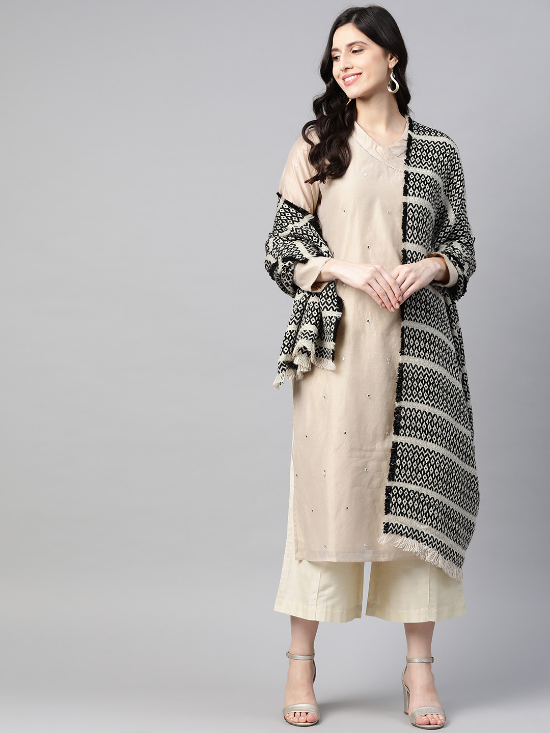 

W Women Off White & Black Ethnic Motifs Woven Design Jacquard Shawl