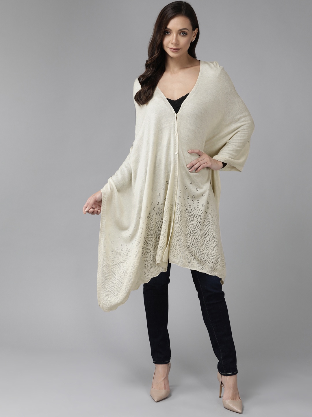 

W Women Beige Embroidered Longline Poncho with Embroidered Detail