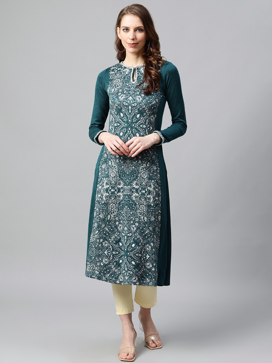 

W Women Teal Blue & Grey Ethnic Motifs Keyhole Neck Jacquard Straight Winter Kurta
