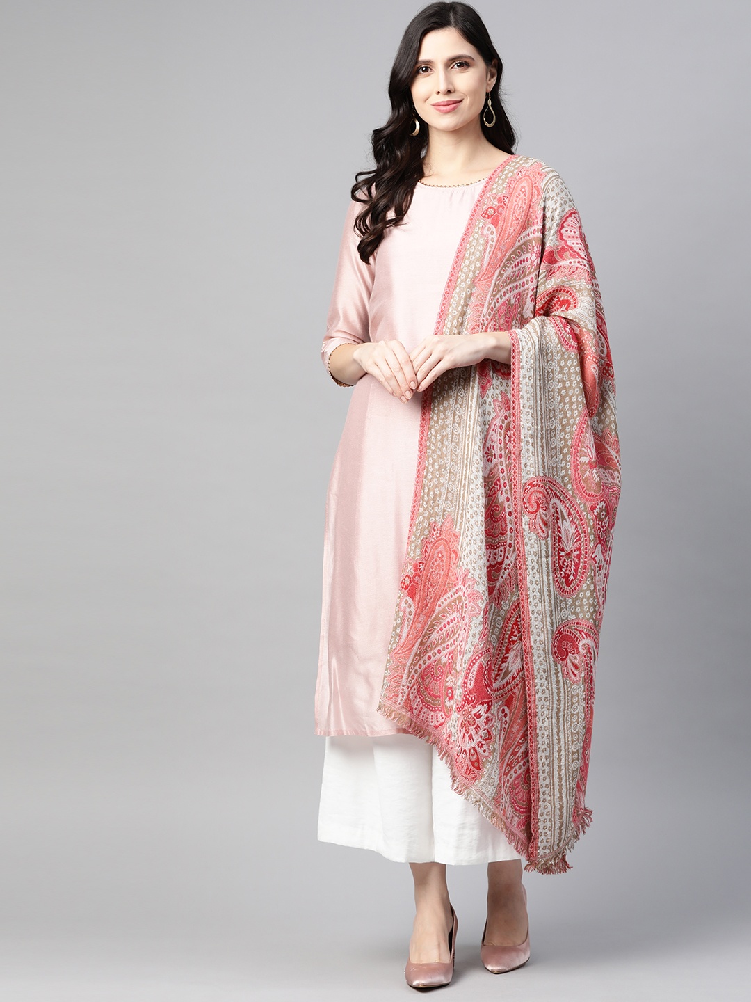 

W Women Beige & Coral Red Paisley Woven Design Shawl