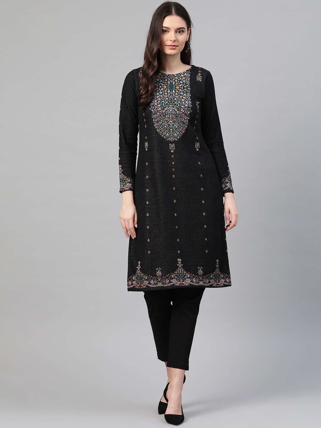 

W Women Charcoal Grey Woven Design Knitted Straight Winter Kurta