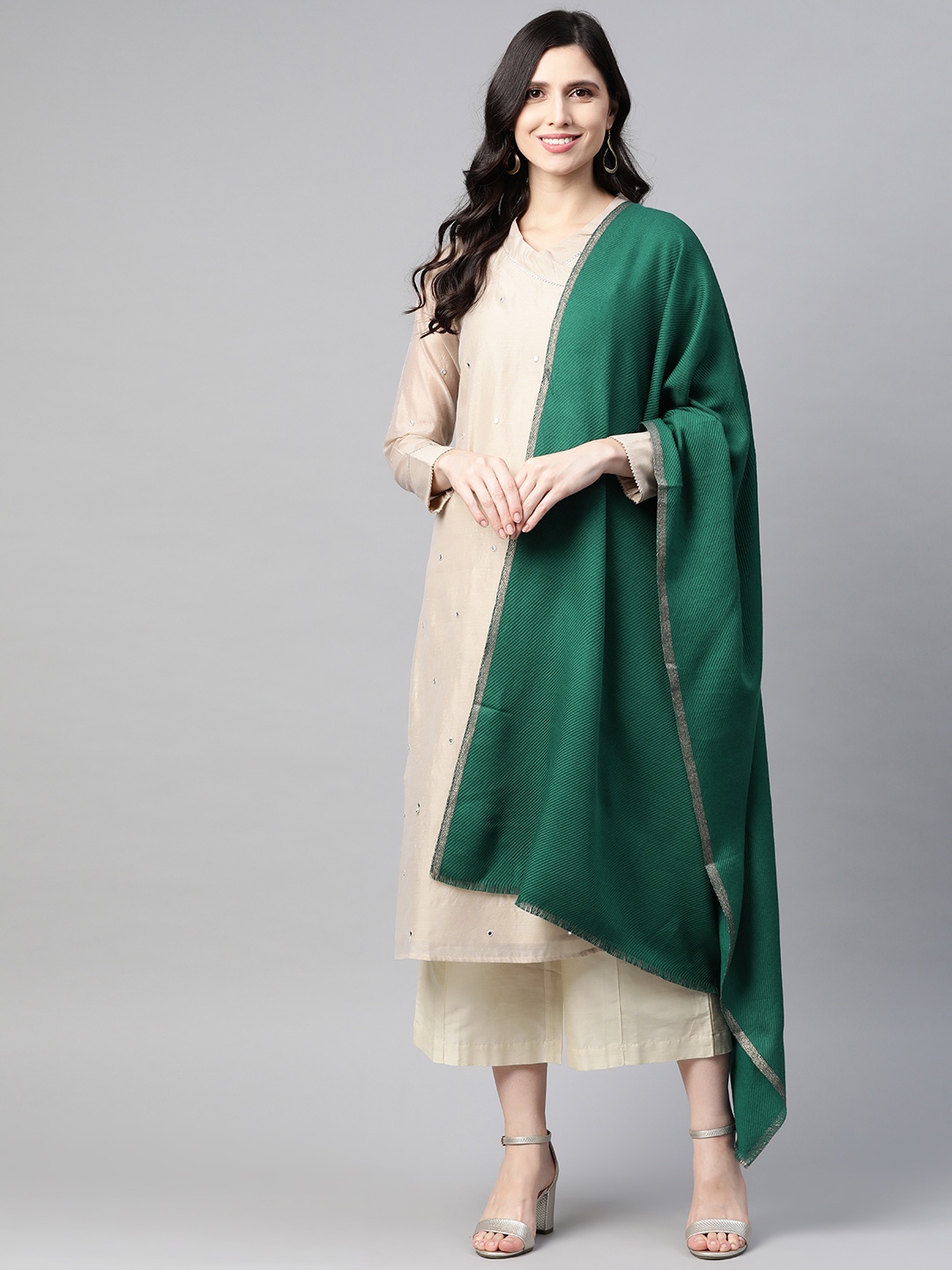 

W Women Striped Cotton Shawl, Green