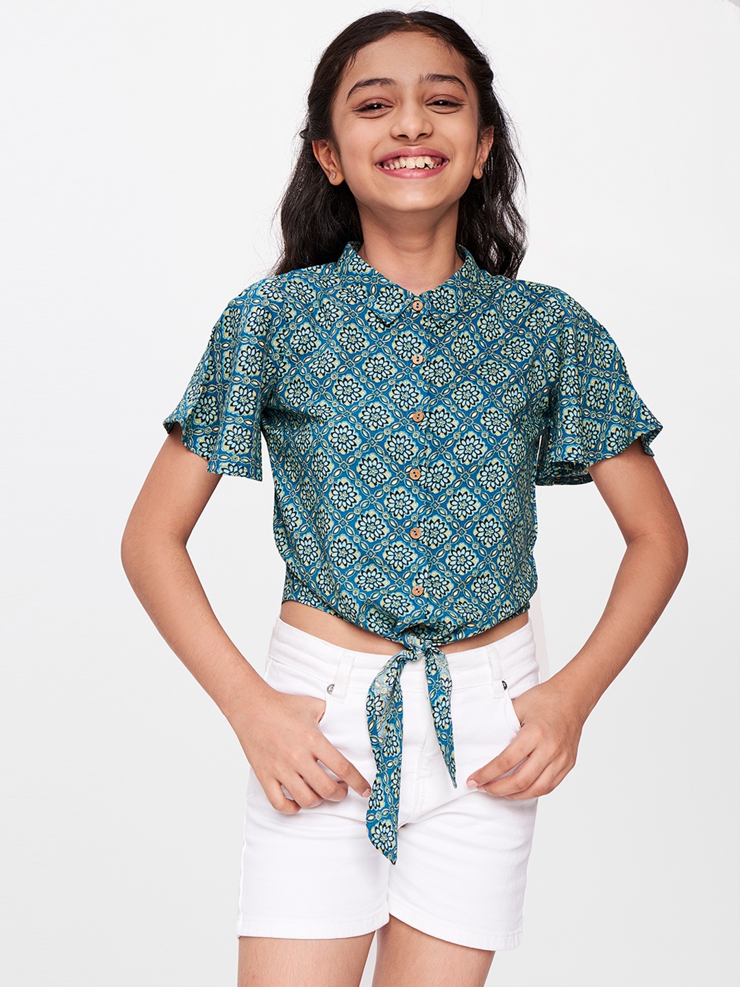 

Global Desi Blue Flared Sleeves Regular Crop Top