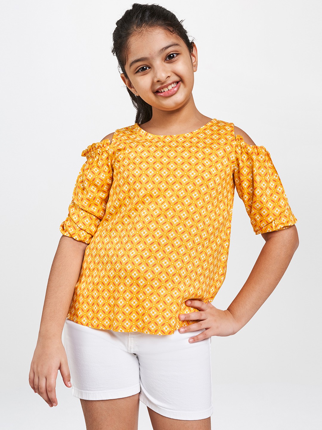 

Global Desi Orange Floral A-Line Top
