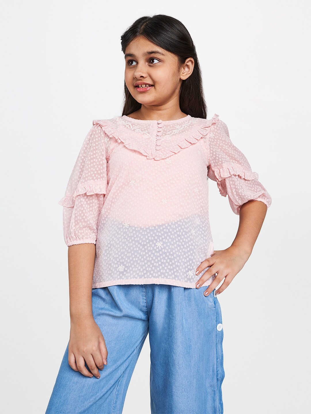 

Global Desi Peach Puff Sleeve Ruffles A-Line Top