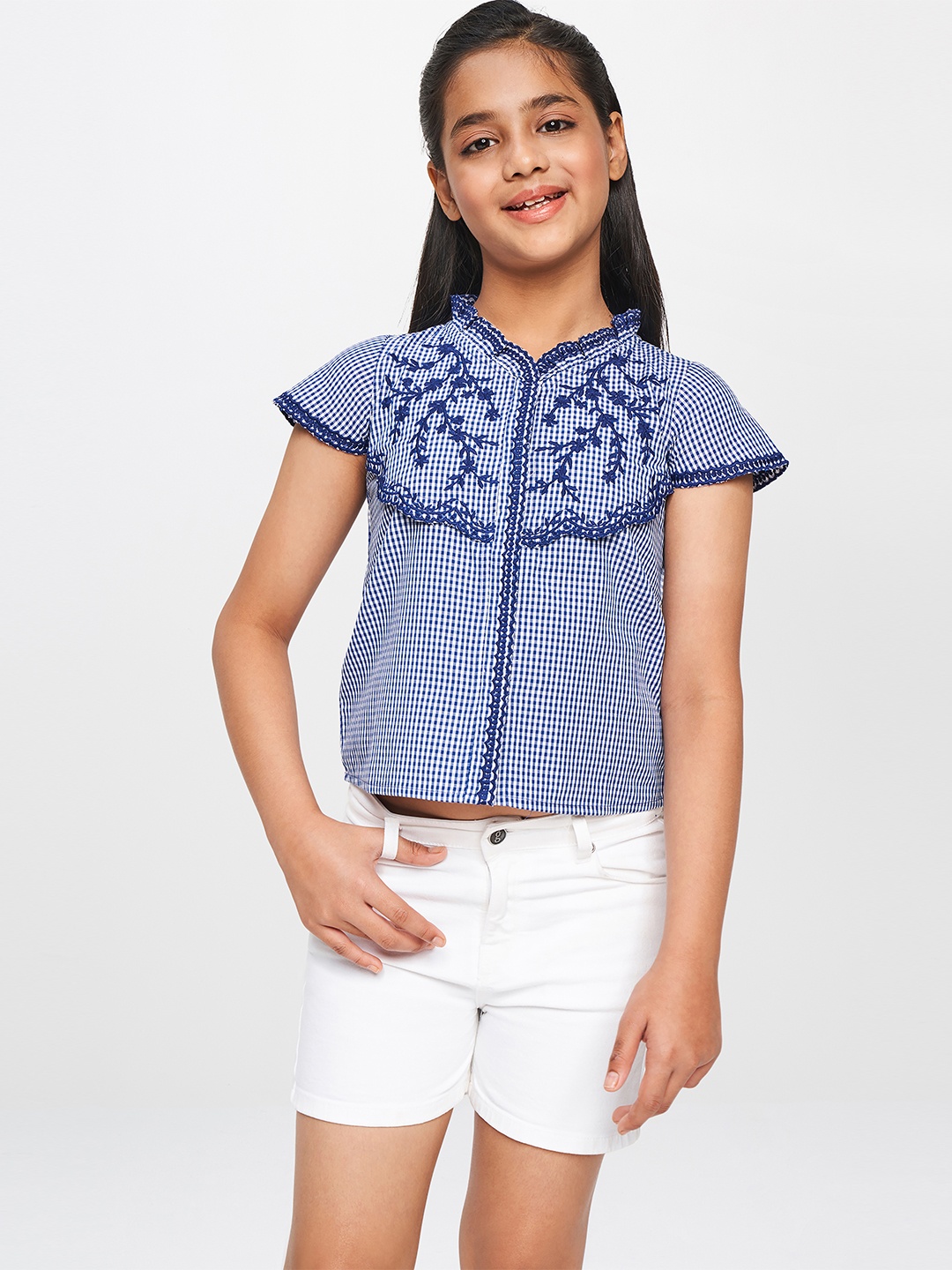 

Global Desi Blue & White Mandarin Collar Ruffles Regular Top