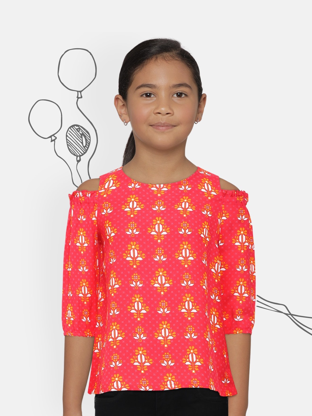 Global Desi Red & Yellow Printed Cold-Shoulder Sleeves Top