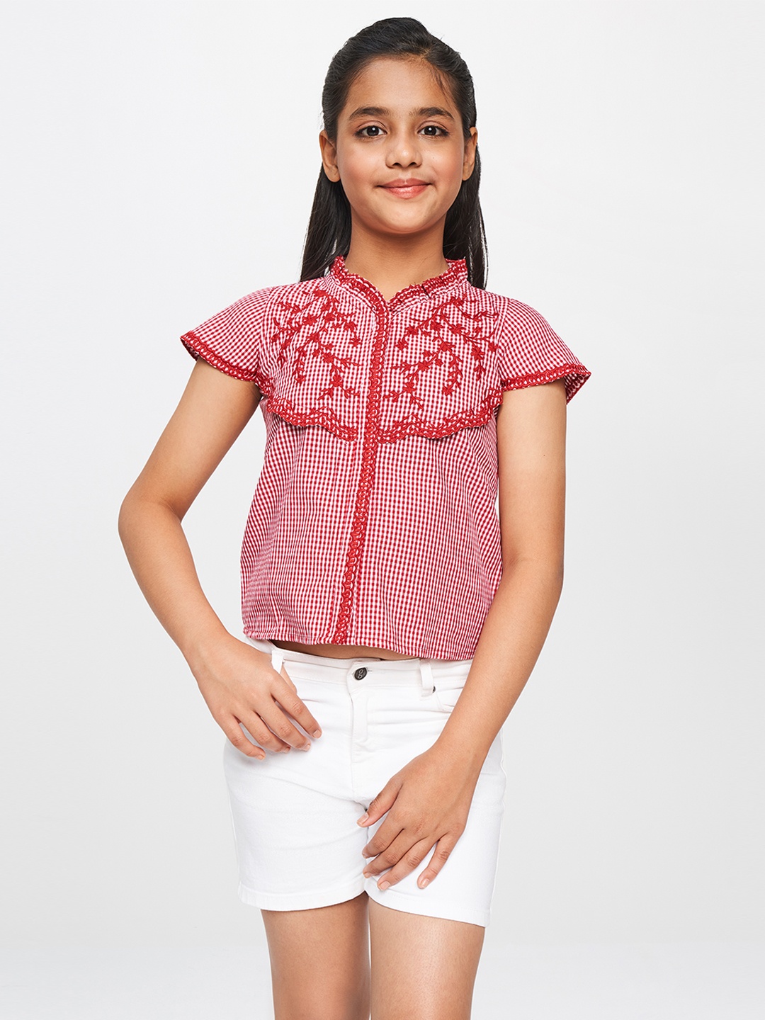 

Global Desi Red & White Mandarin Collar Regular Top
