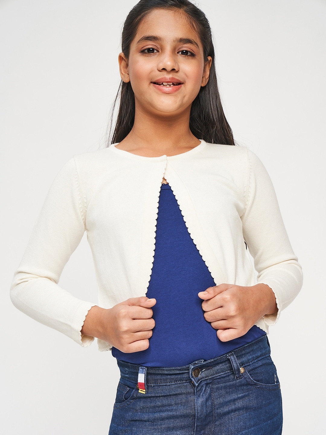 

Global Desi Off White & Blue Solid Regular Top