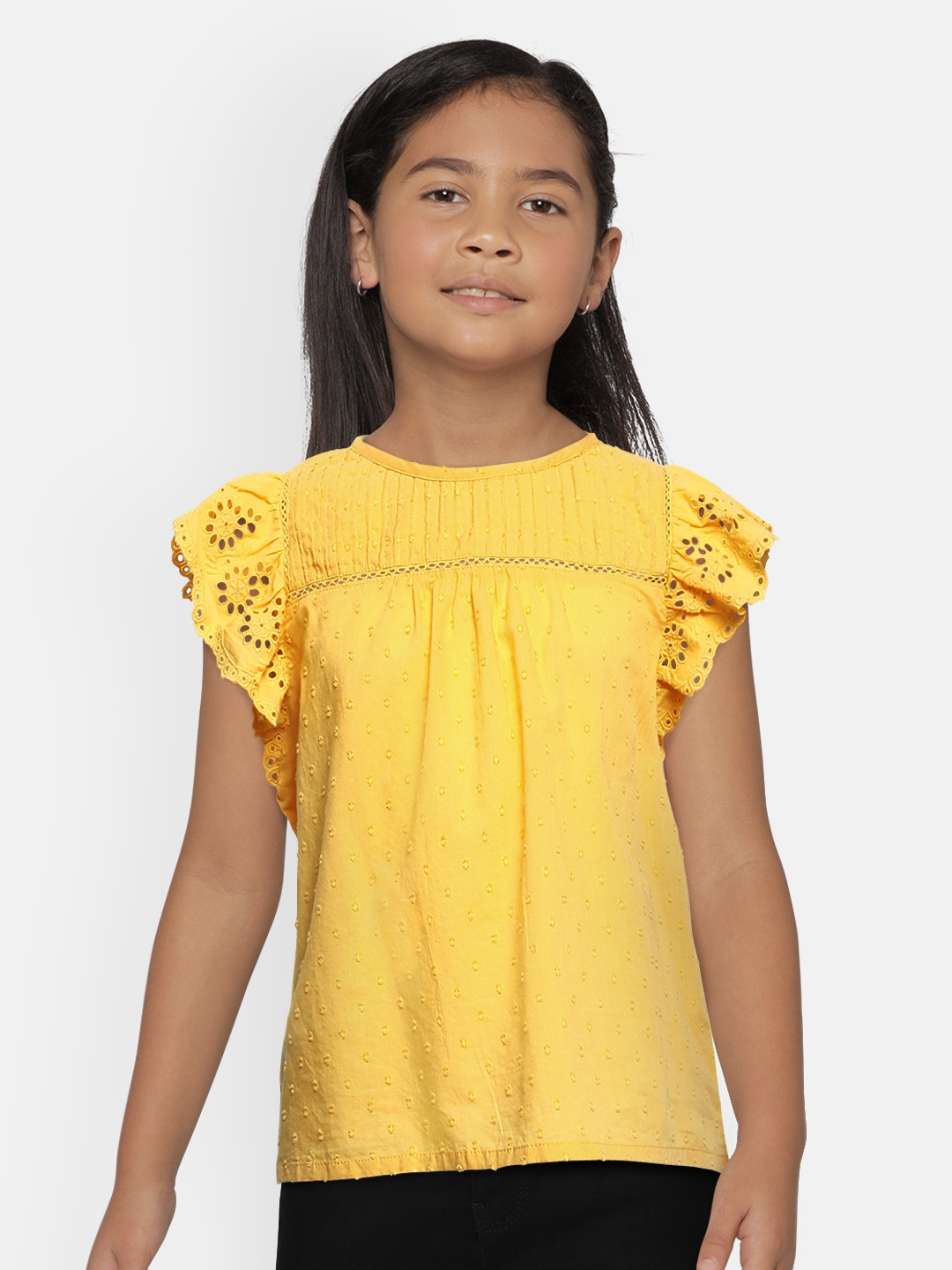

Global Desi Girls Yellow Flutter Sleeves Cotton Top