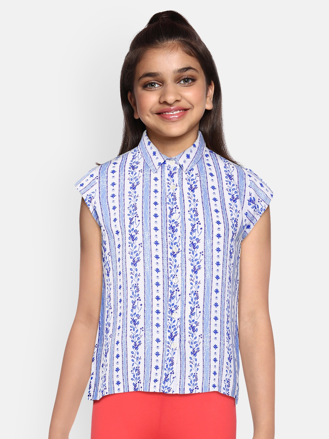 

Global Desi Girls Blue & White Tropical Printed Top