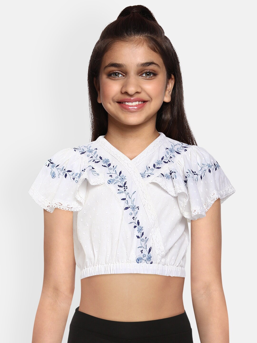 

Global Desi Girls White Self Design Embroidered Pure Cotton Crop Top