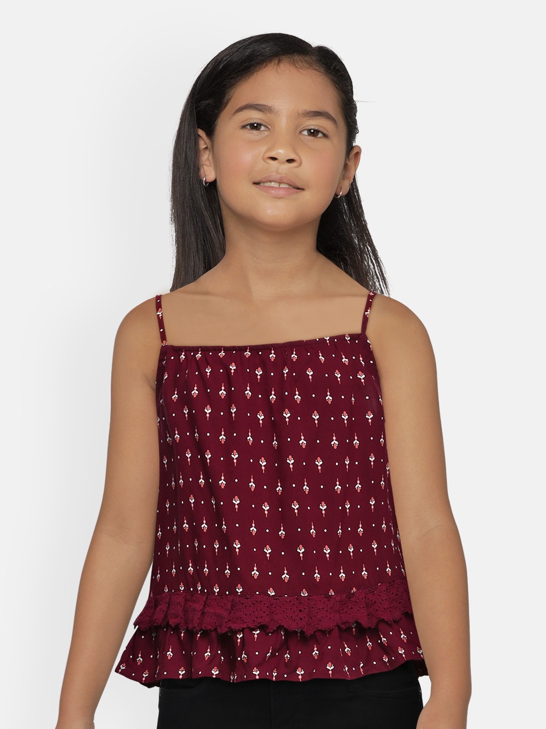 

Global Desi Girls Maroon Printed Top