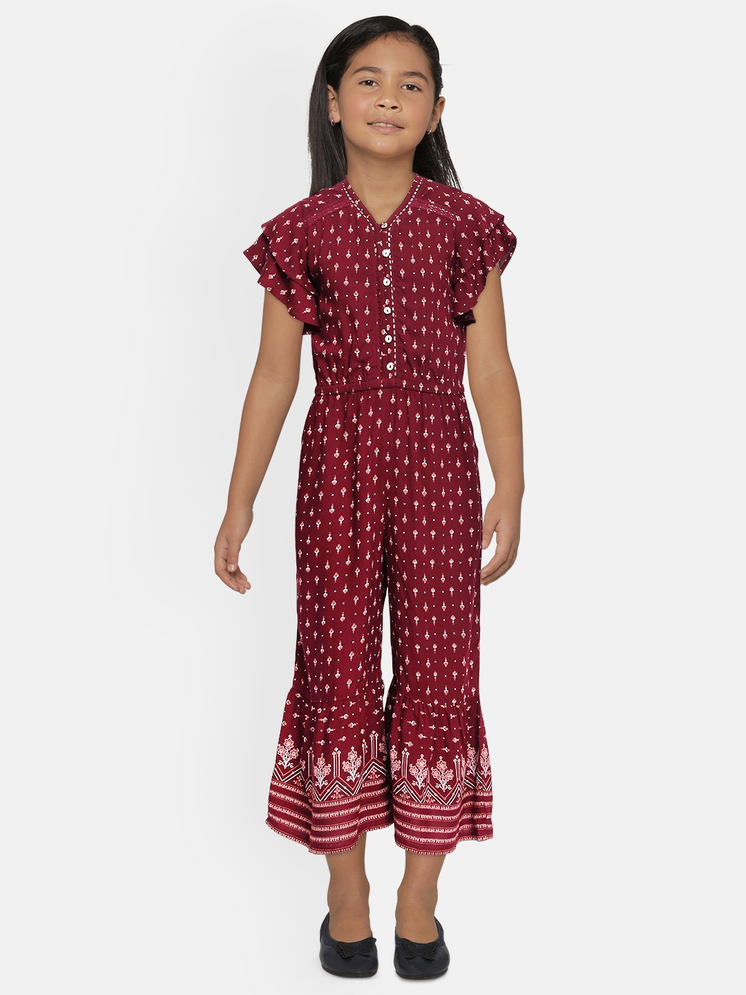 

Global Desi Girls Maroon Printed Basic Jumpsuit