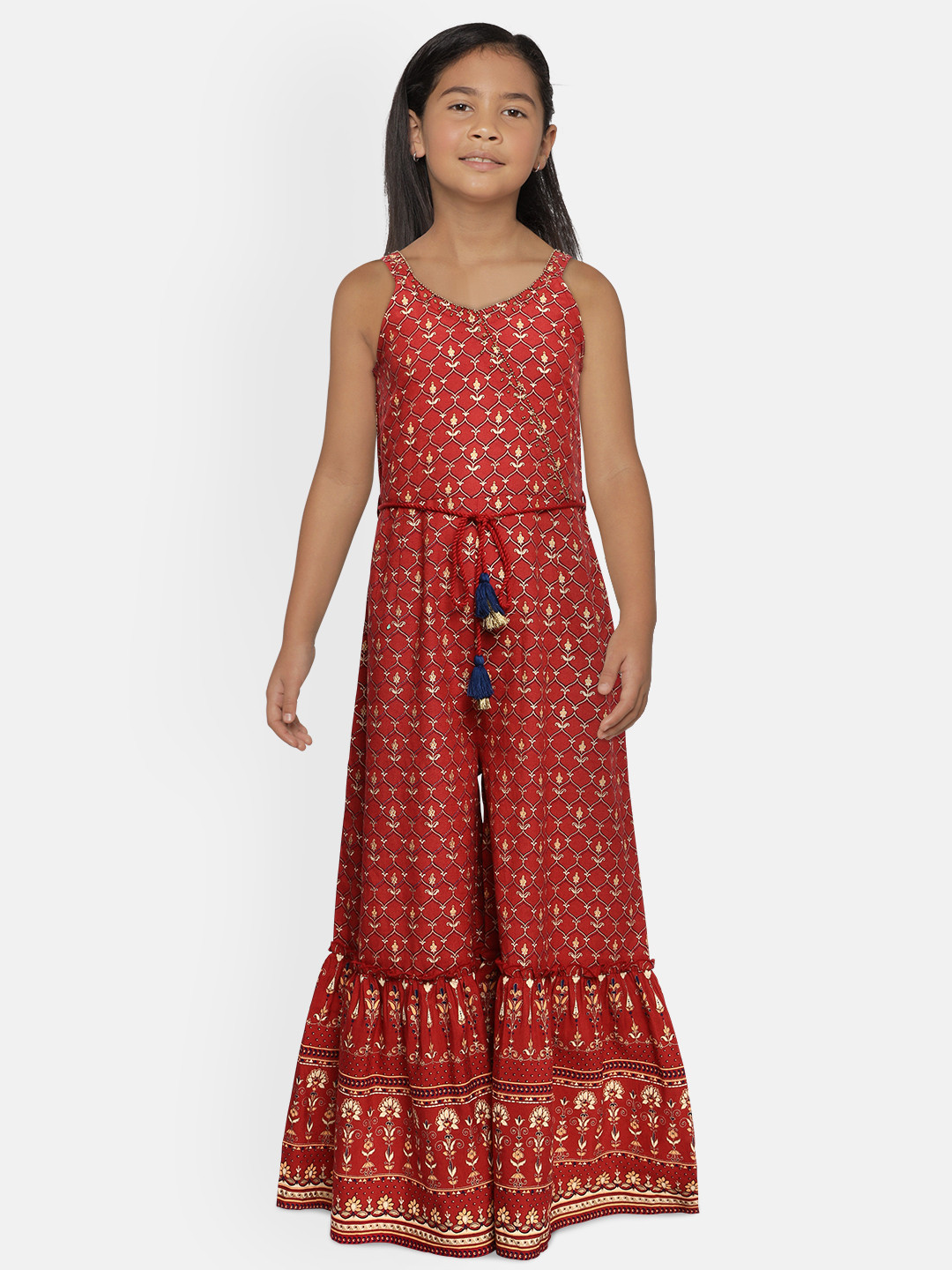 

Global Desi Girls Red Printed Basic Jumpsuit