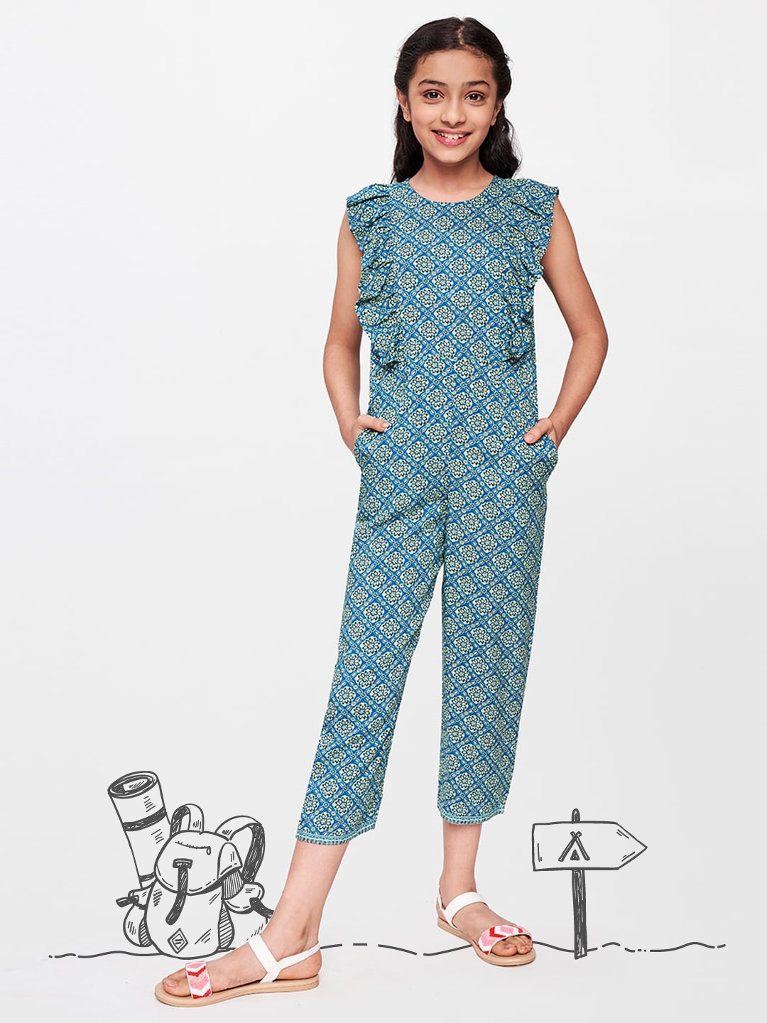 

Global Desi Girls Blue Printed Basic Jumpsuit with Ruffles