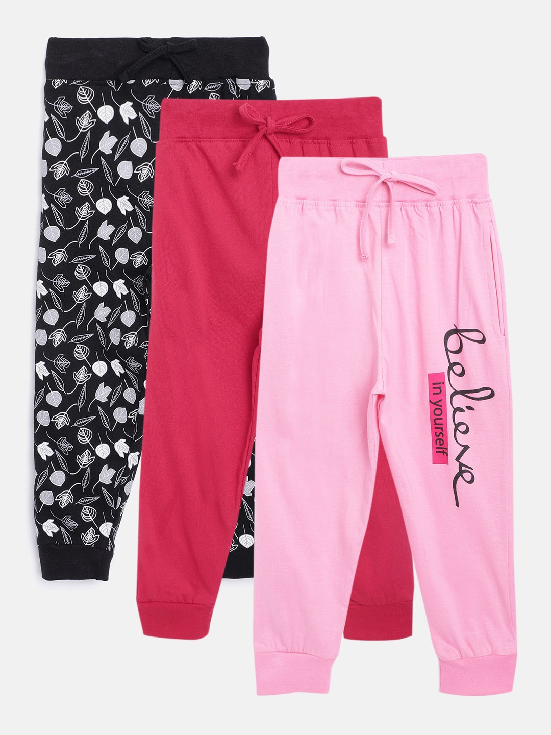

Eteenz Girls Pack of 3 Printed Pure Cotton Joggers, Pink
