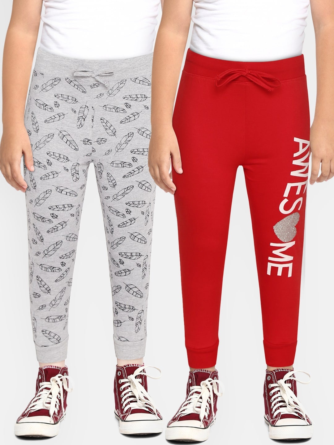 

Eteenz Girls Pack of 2 Cotton Printed Joggers, Red