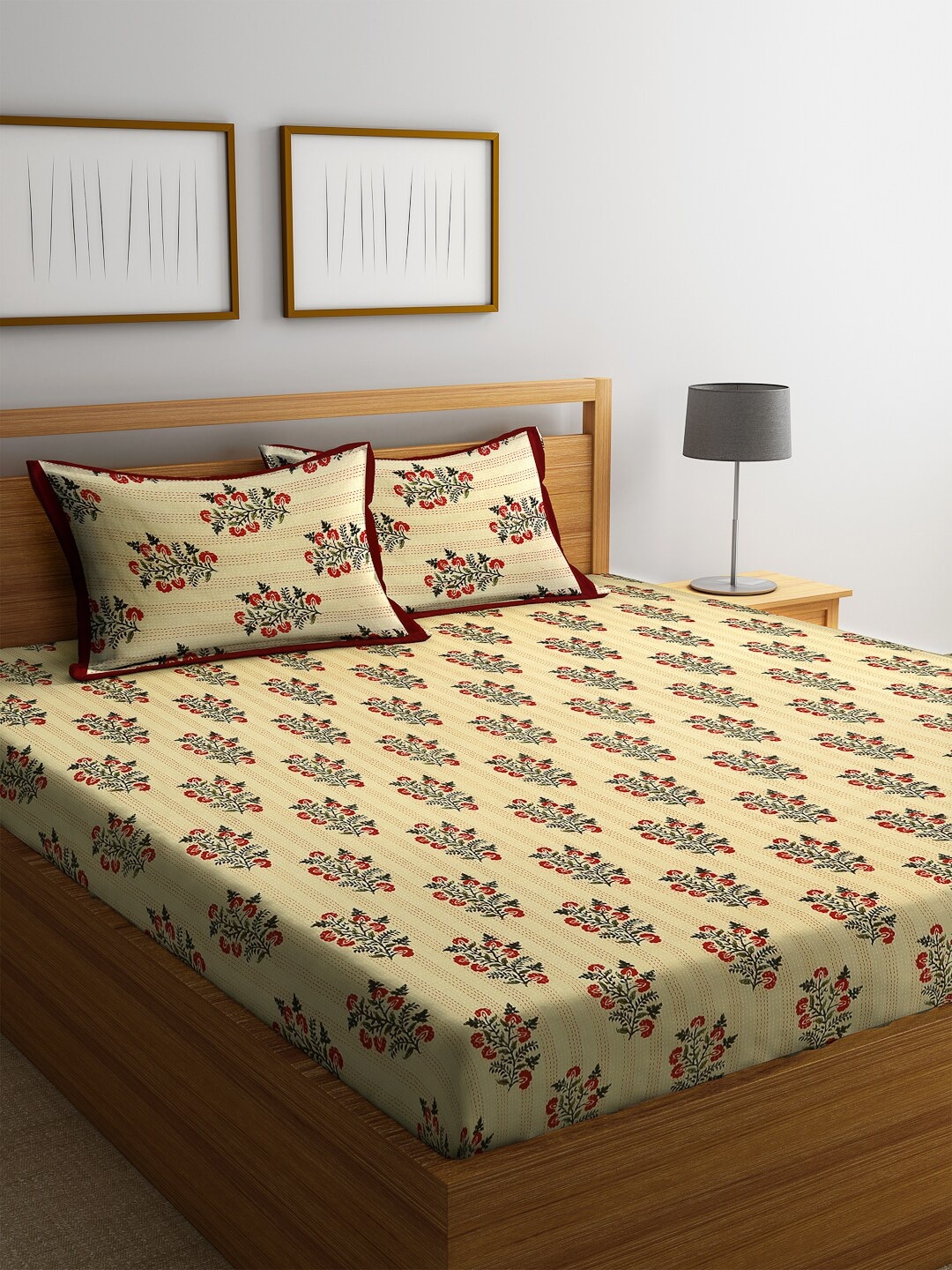 

HOSTA HOMES Beige & Maroon Floral Print 300 TC Cotton Double Bedsheet with 2 Pillow Covers