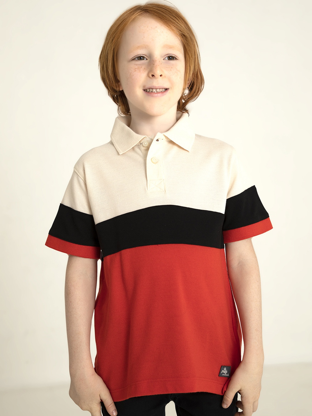 

Cherry Crumble Boys Cream-Coloured & Orange Colourblocked Polo Collar T-shirt