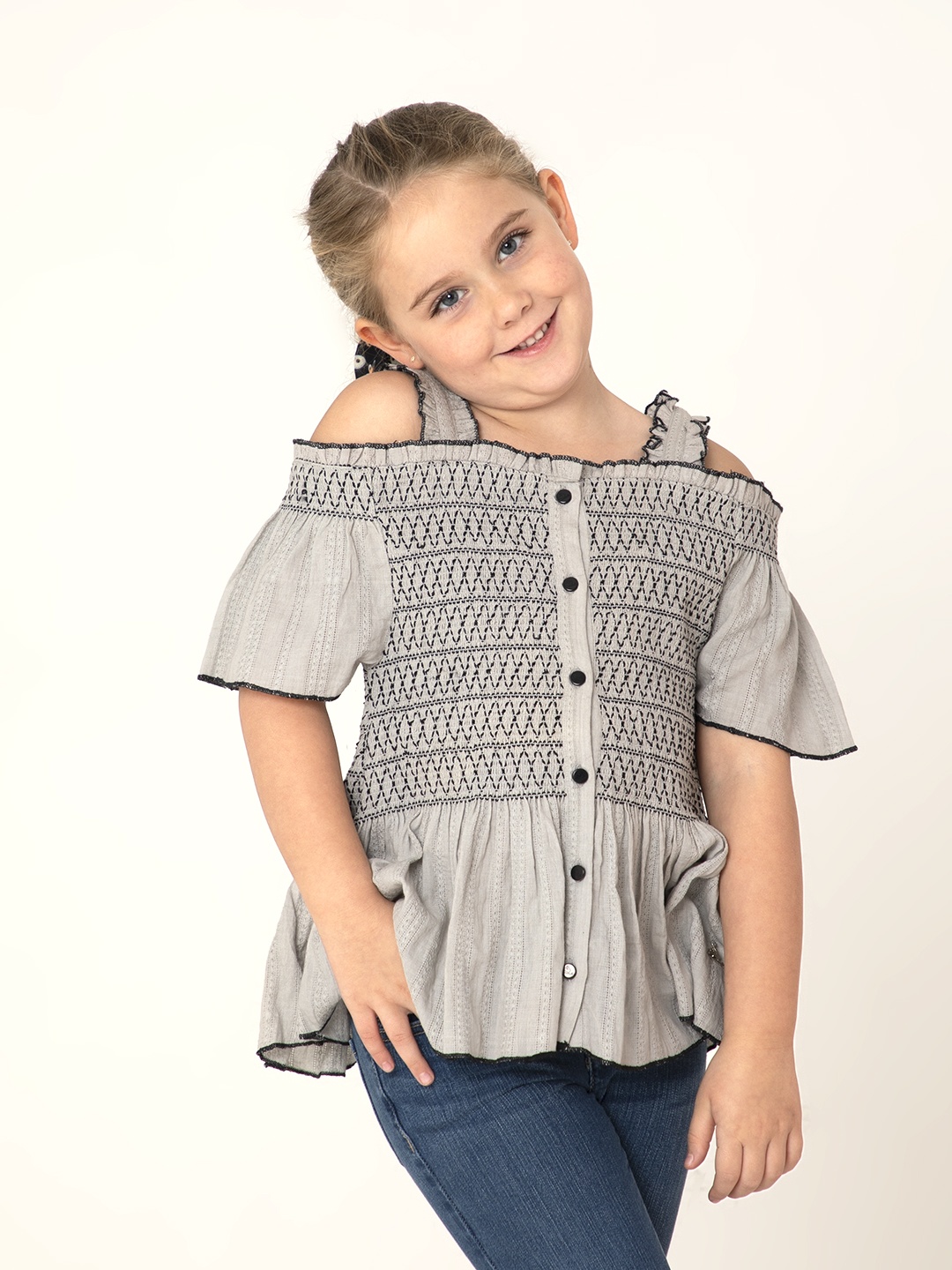 

Cherry Crumble Girls Grey & Black Embroidered Cotton A-Line Top
