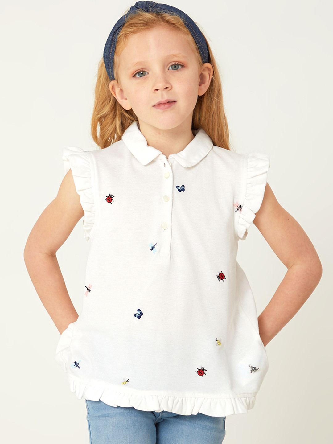 

Cherry Crumble Girls White & Blue Embroidered Shirt Style Top