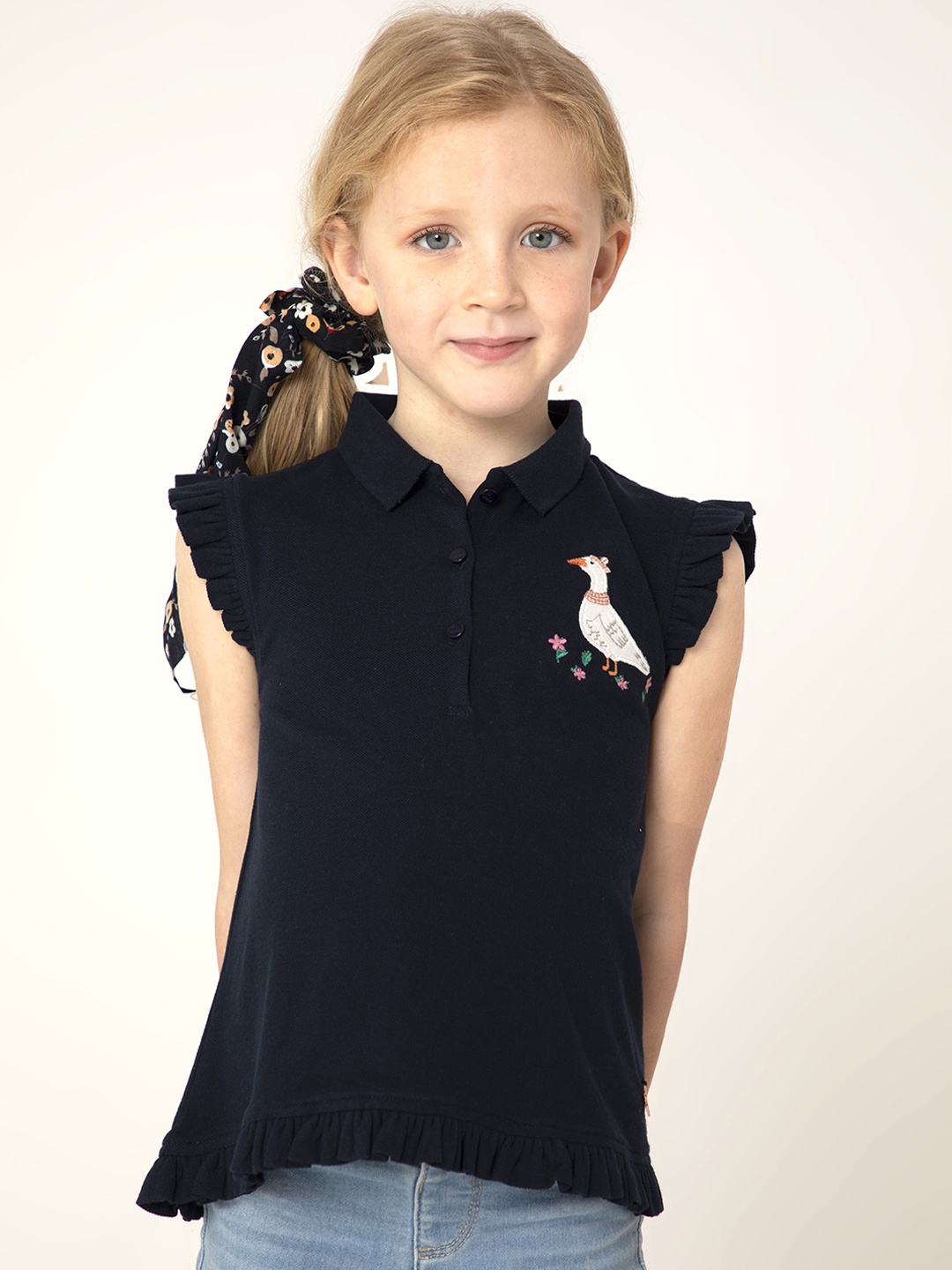 

Cherry Crumble Girls Navy Blue Solid Shirt Style Top with Embroidered Detail