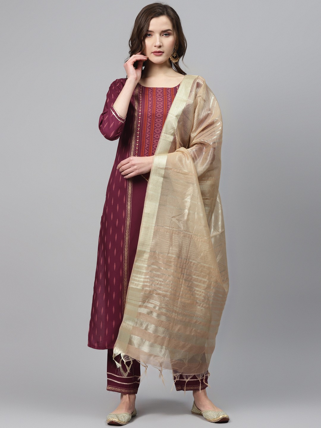 

Indo Era Women Maroon & Golden Foil Print Kurta with Trousers & Dupatta