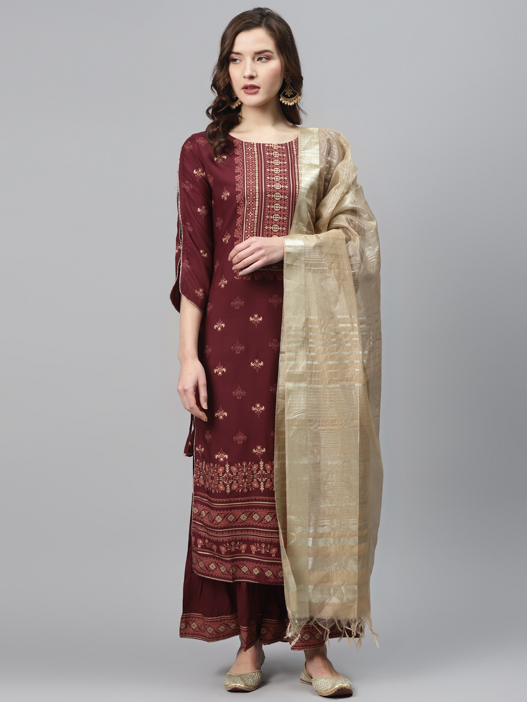 

Indo Era Women Maroon & Beige Foil Print Kurta with Palazzos & Dupatta