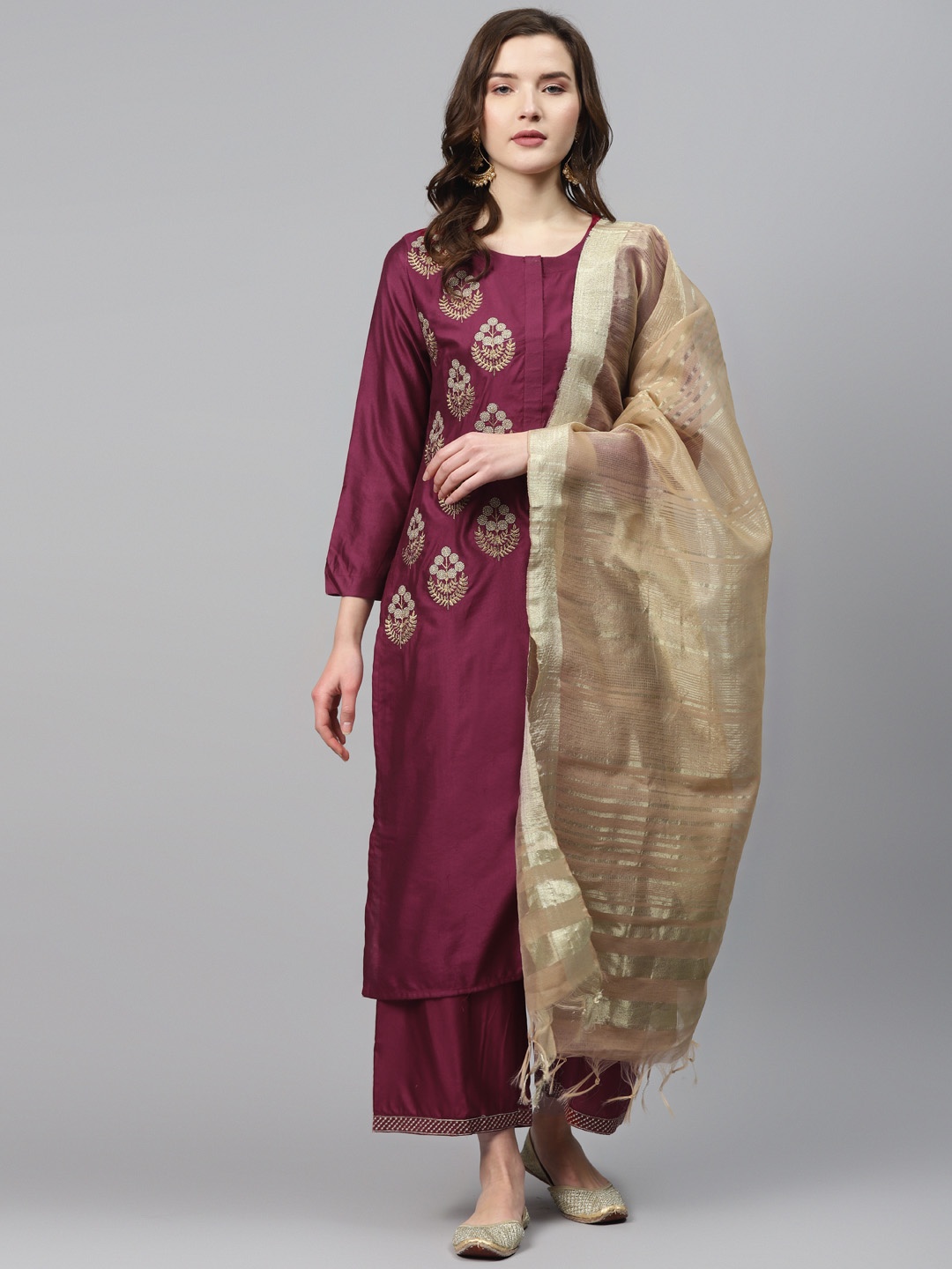 

Indo Era Women Magenta & Golden Zari Yoke Design Kurta with Palazzos & Dupatta