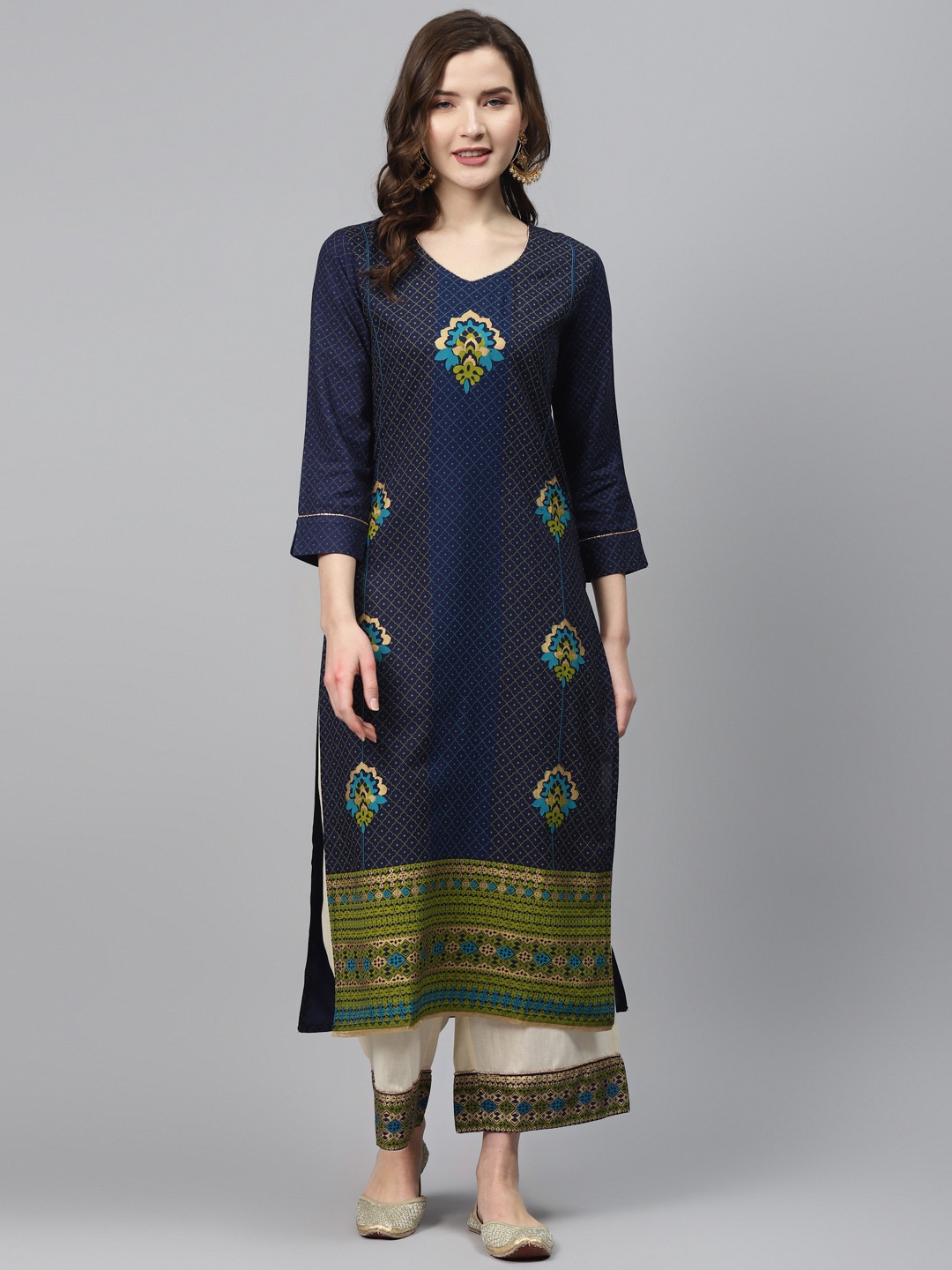 

Indo Era Women Navy Blue & Cream-Coloured Foil Print Kurta with Palazzos