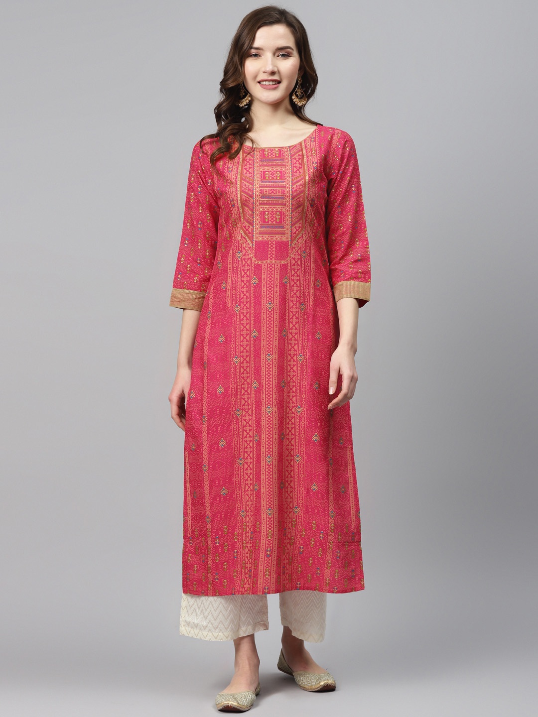 

Indo Era Women Pink & Peach-Coloured Foil Print Straight Kurta