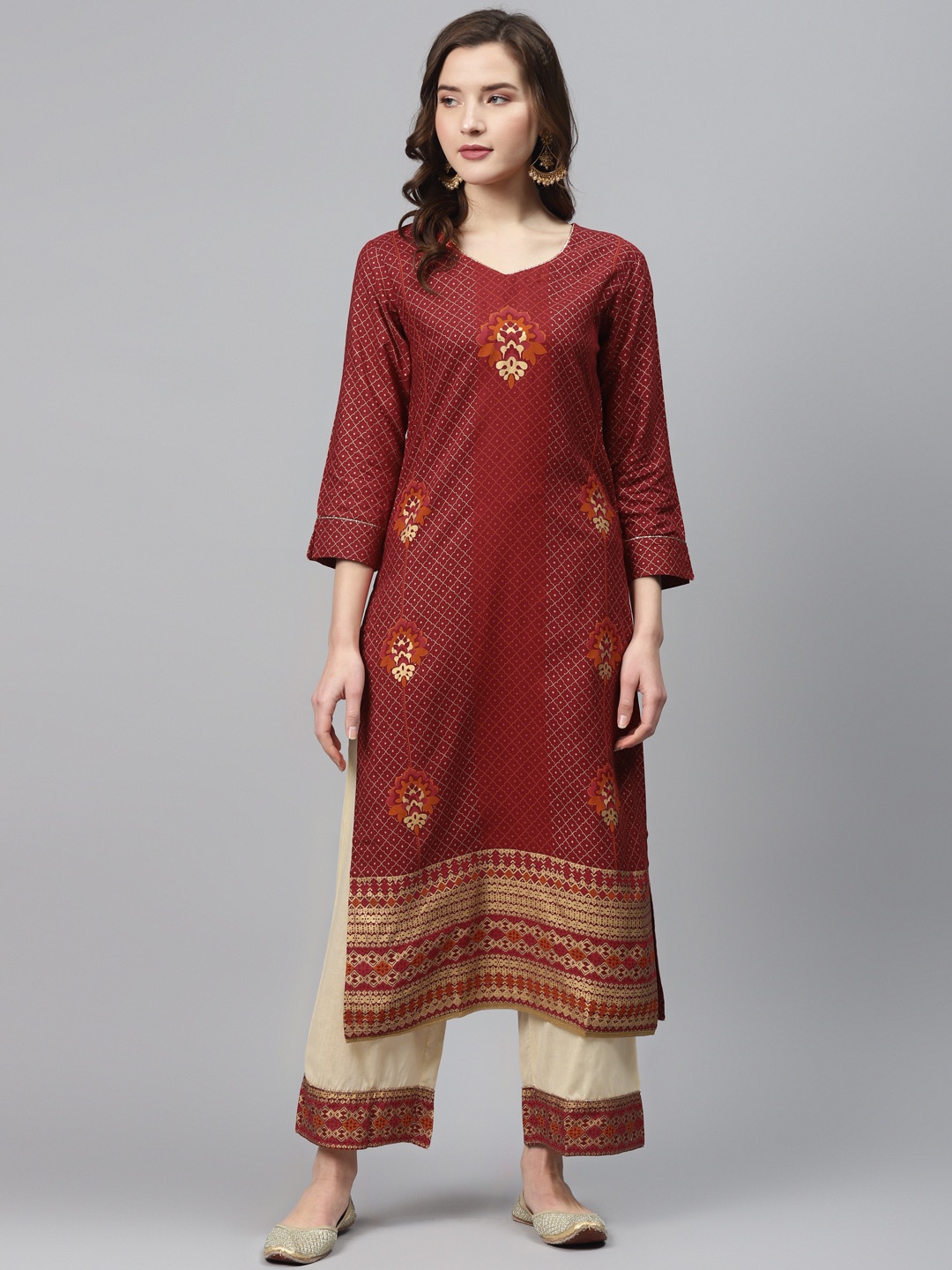 

Indo Era Women Maroon & Cream-Coloured Foil Print Kurta with Palazzos