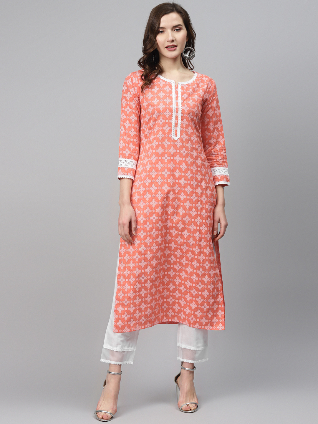 

Indo Era Women Coral Orange & White Cotton Khari Print Kurta with Trousers