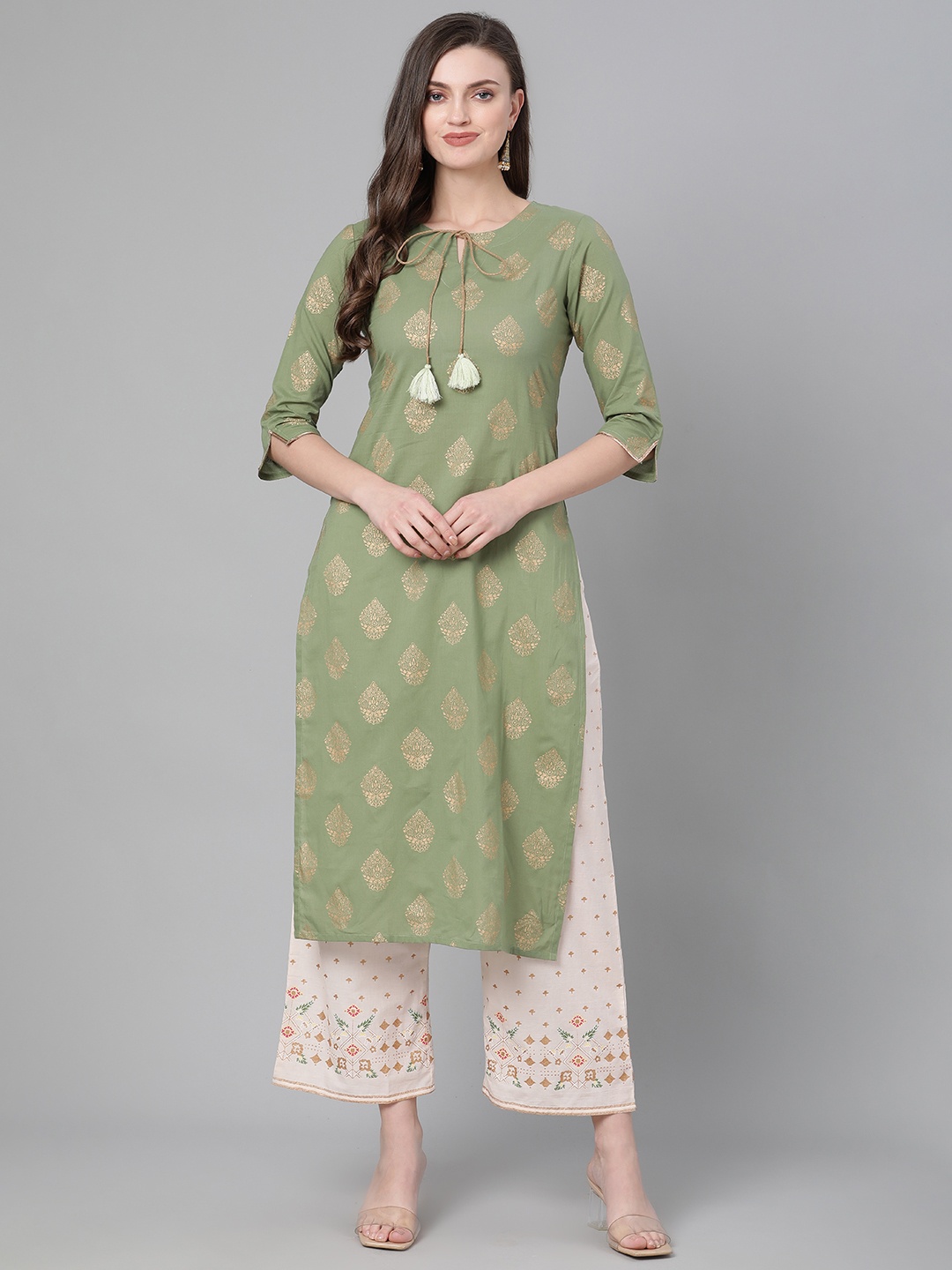 

Indo Era Women Green & Cream-Coloured Foil Print Kurta with Palazzos