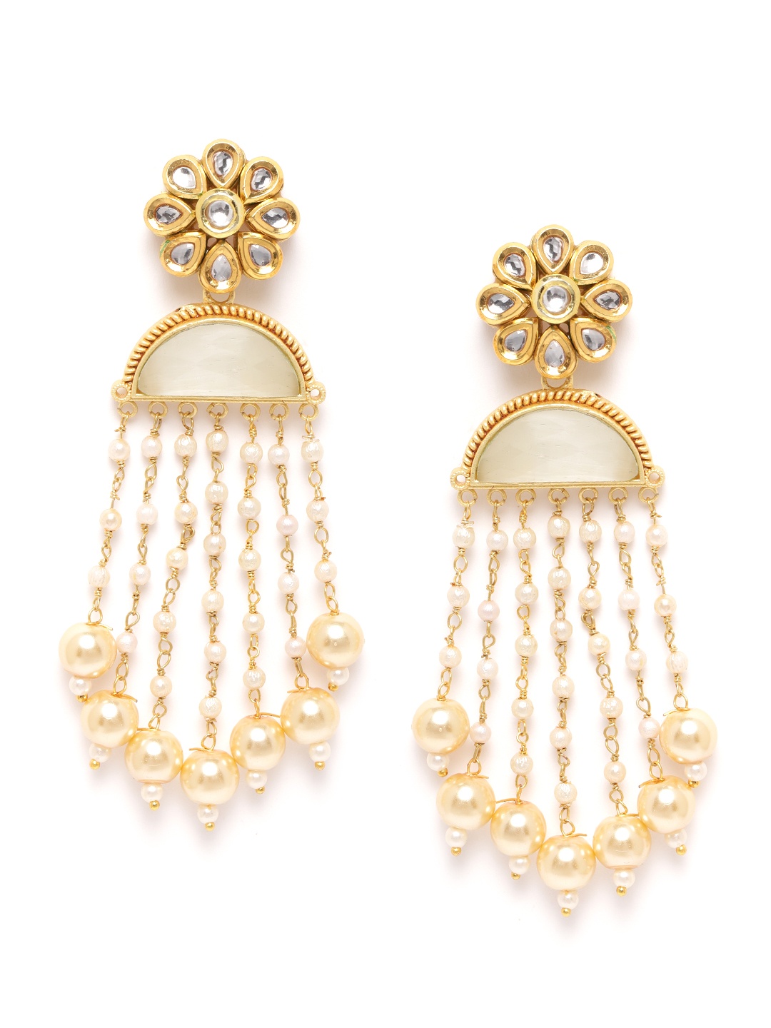 

Zobby Off-White Gold-Plated Stone-Studded Handcrafted Chandelier Floral Drop Earrings