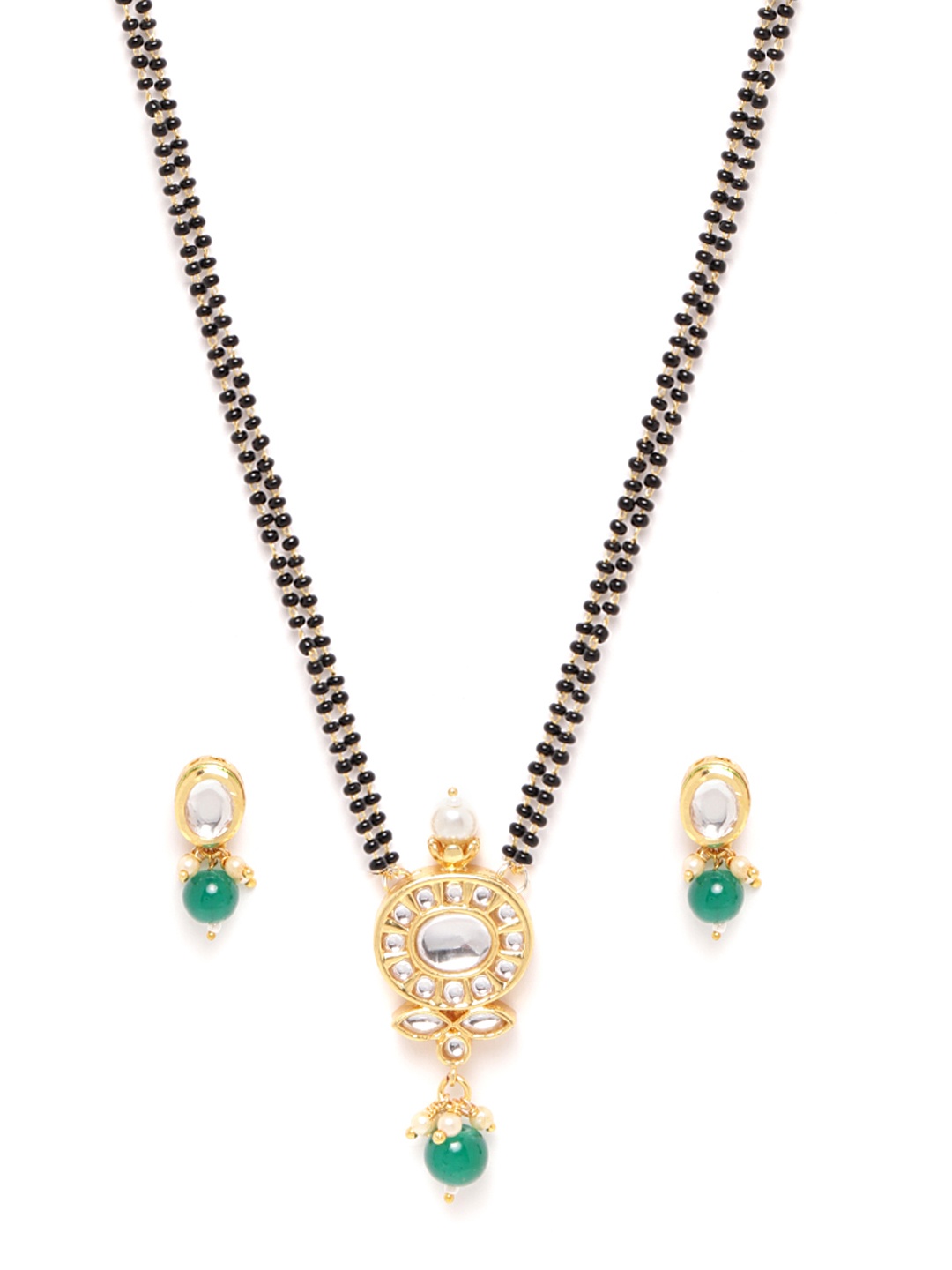 

Zobby Black & Green Gold-Plated Kundan Studded & Beaded Mangalsutra & Earrings Set