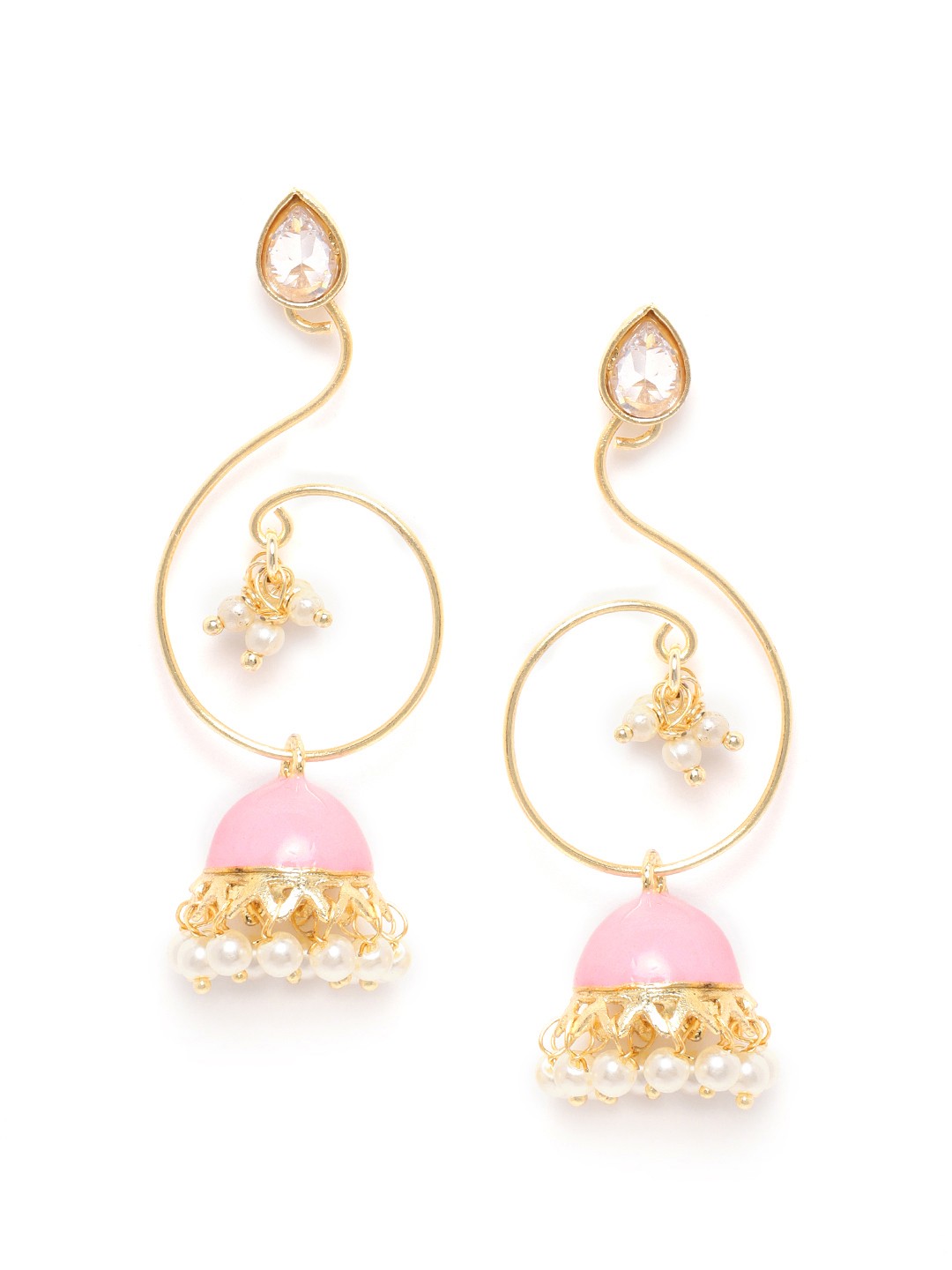 

Zobby Pink Gold-Plated Enamelled Stone-Studded Handcrafted Dome Shaped Jhumkas