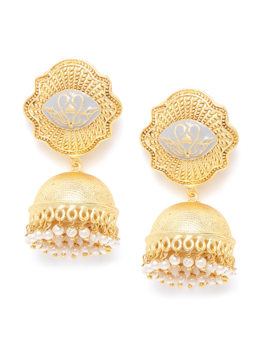 

Zobby Grey Gold-Plated Enamelled Textured Handcrafted Dome Shaped Jhumkas