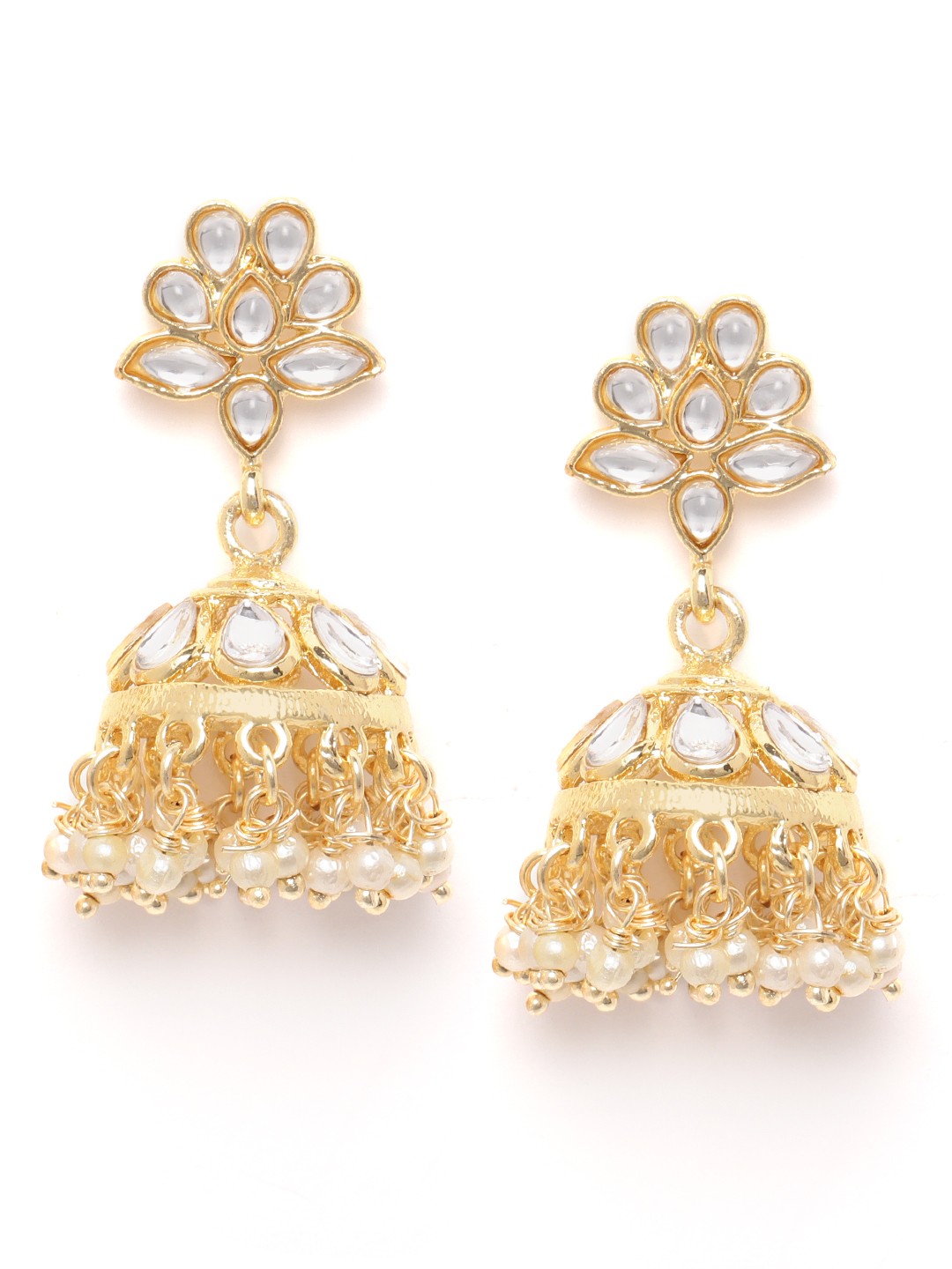 

Zobby White Gold-Plated Kundan Studded & Beaded Handcrafted Dome Shaped Jhumkas