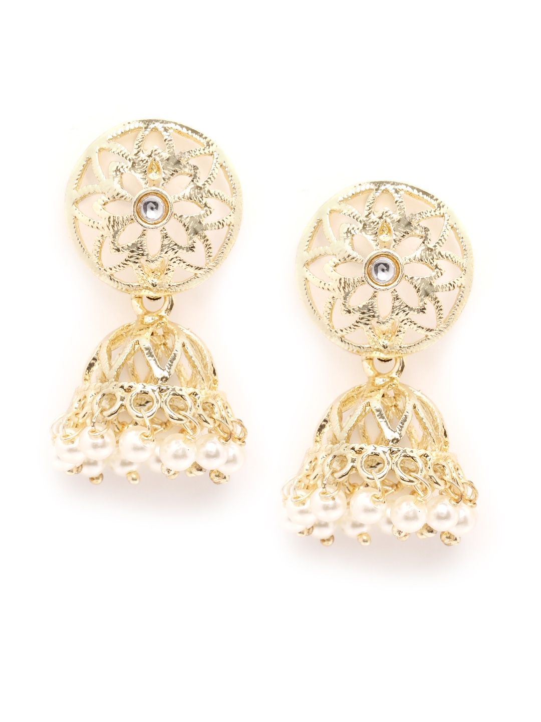 

Zobby White Gold-Plated Beaded & Stone-Studded Handcrafted Dome Shaped Jhumkas