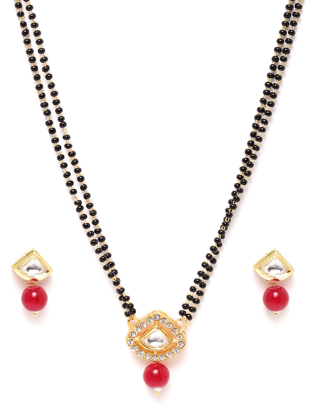 

Zobby Black & Maroon Gold-Plated Kundan Studded & Beaded Mangalsutra & Earrings Set