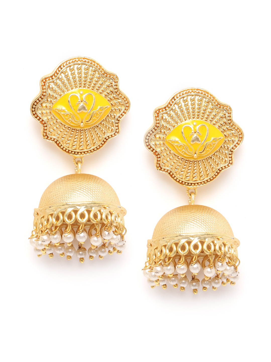 

Zobby Yellow Gold-Plated Enamelled Textured Handcrafted Dome Shaped Jhumkas