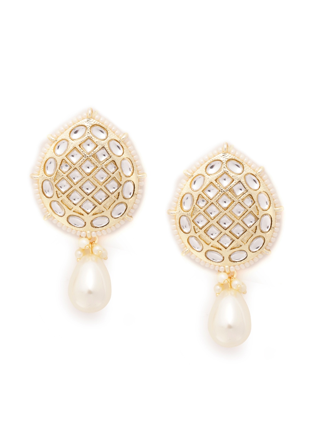 

Zobby Off-White Gold-Plated Kundan-Studded Handcrafted Teardrop Shaped Drop Earrings