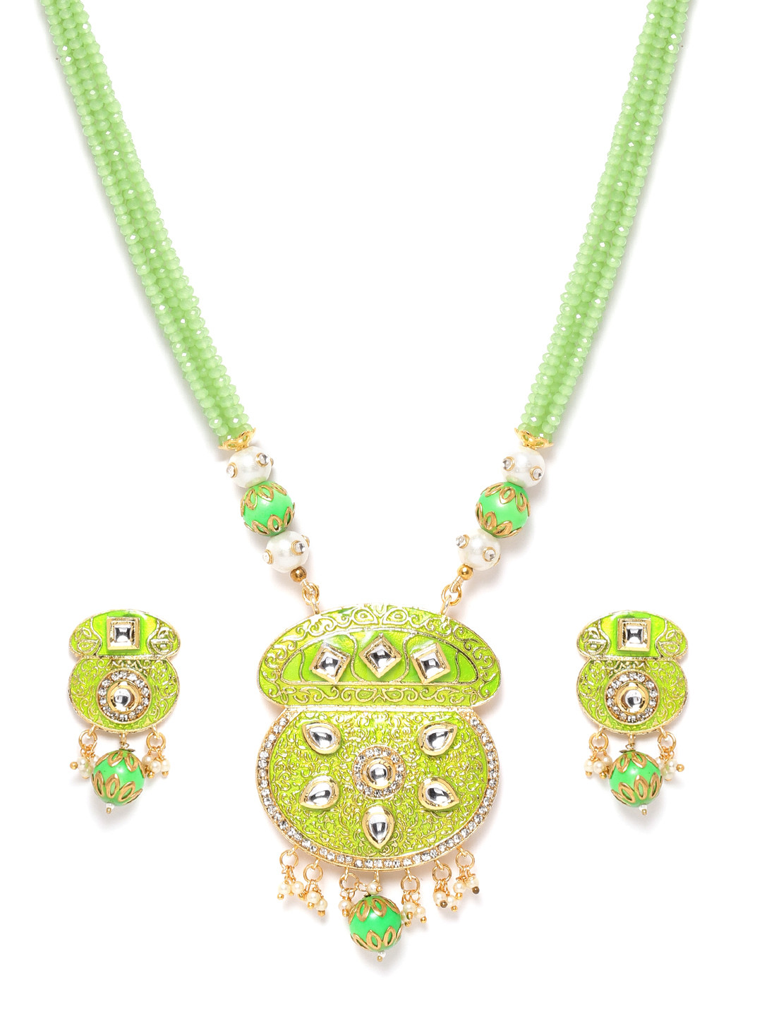 

Melani Borsa Fluorescent Green & White Gold-Plated Kundan-Studded & Beaded Jewellery Set