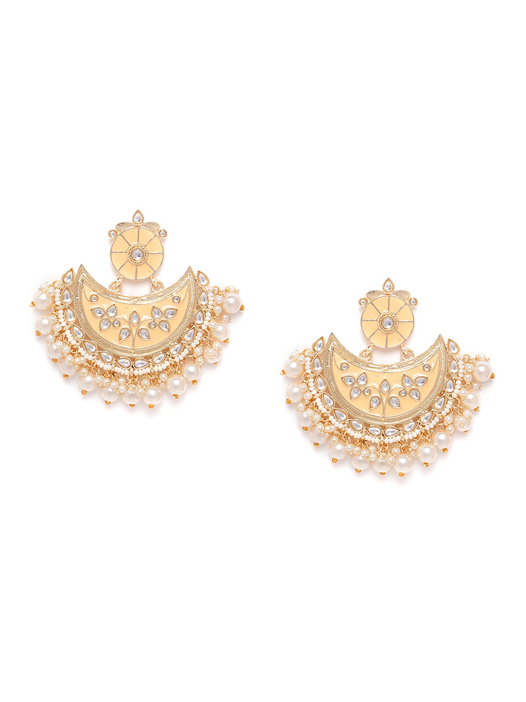 

Melani Borsa Peach-Coloured & Off-White Gold-Plated Kundan & Beaded Handcrafted Chandbalis