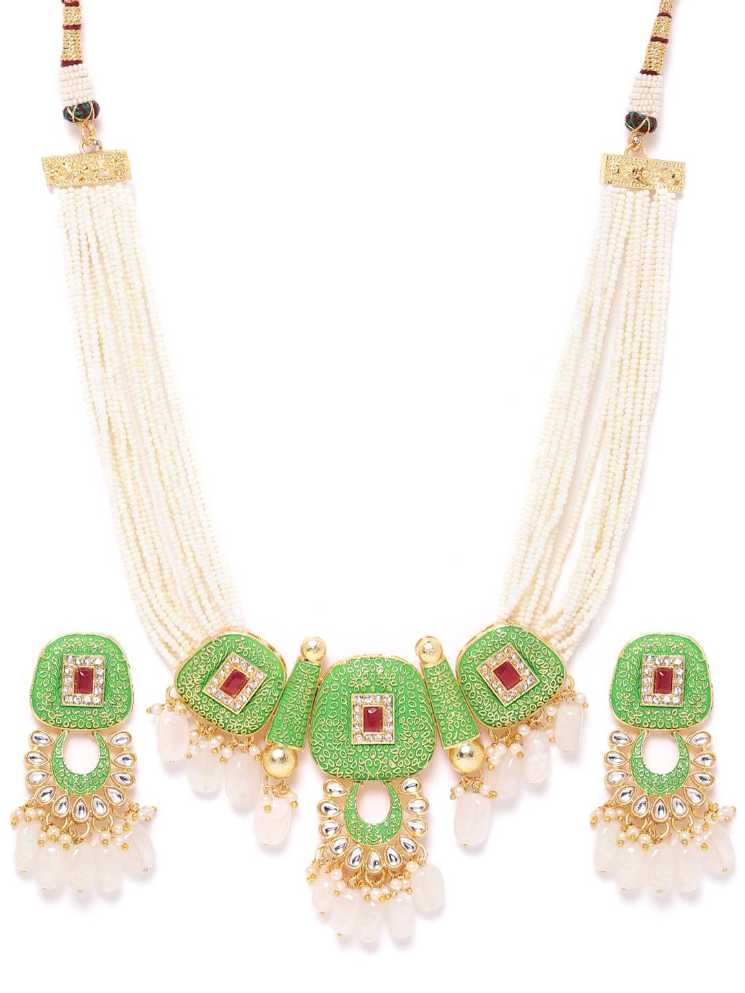 

Melani Borsa Green & Off-White Gold-Plated Kundan Studded & Beaded Enamelled Jewellery Set