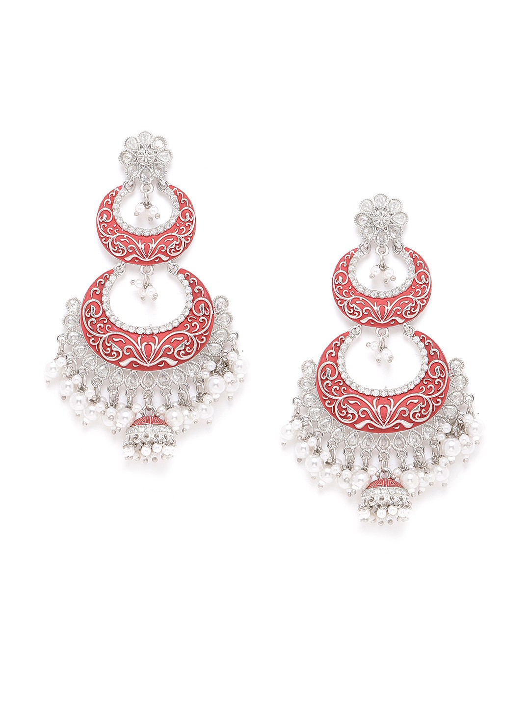 

Melani Borsa Rust Red Silver-Plated CZ Studded Handcrafted Crescent Shaped Chandbalis