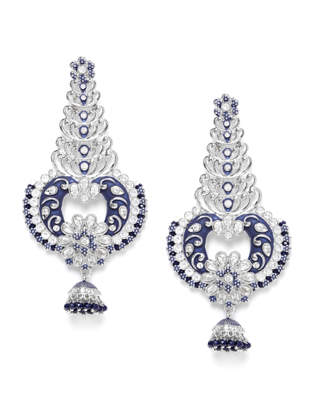 

Melani Borsa Navy Blue Silver-Plated CZ Studded & Beaded Classic Handcrafted Drop Earrings