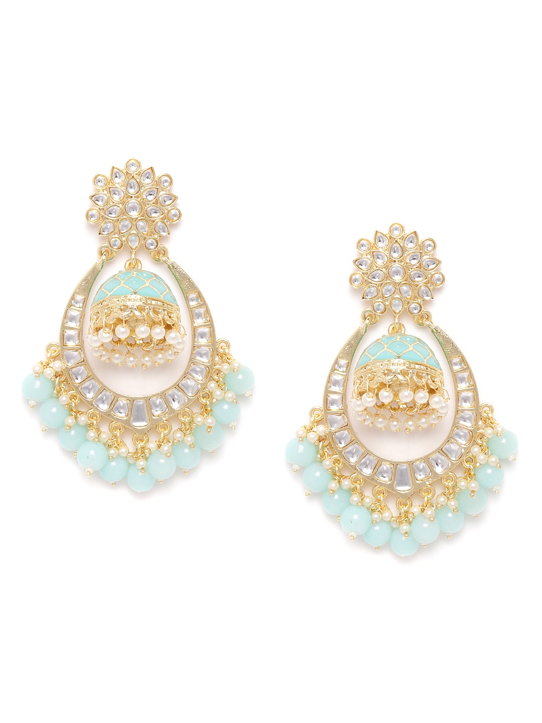 

Melani Borsa Turquoise Blue Gold-Plated Kundan & Beaded Handcrafted Dome Shaped Jhumkas